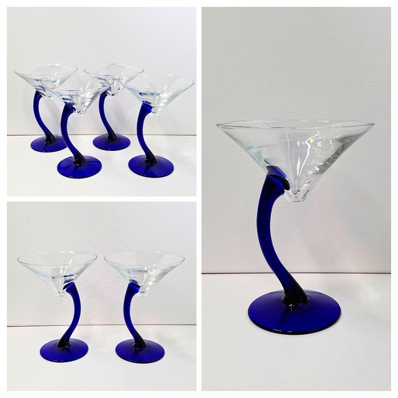 Martini Cocktail Libbey Cobalt Blue Curved Stem 4 Glasses Goblets - Picture 1 of 4